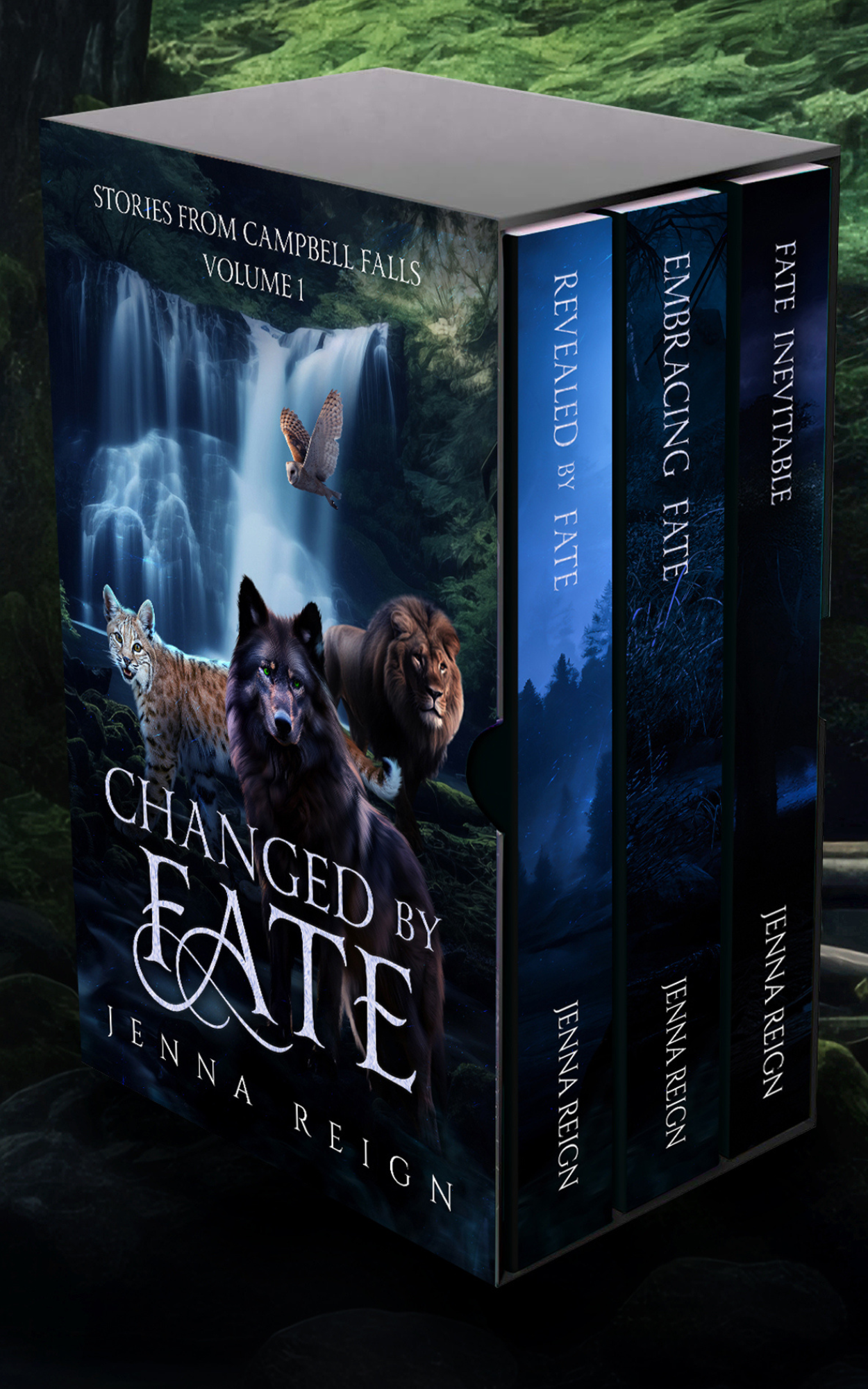 Box set cover of Changed By Fate series with wolves, a lynx, and a lion at Campbell Falls