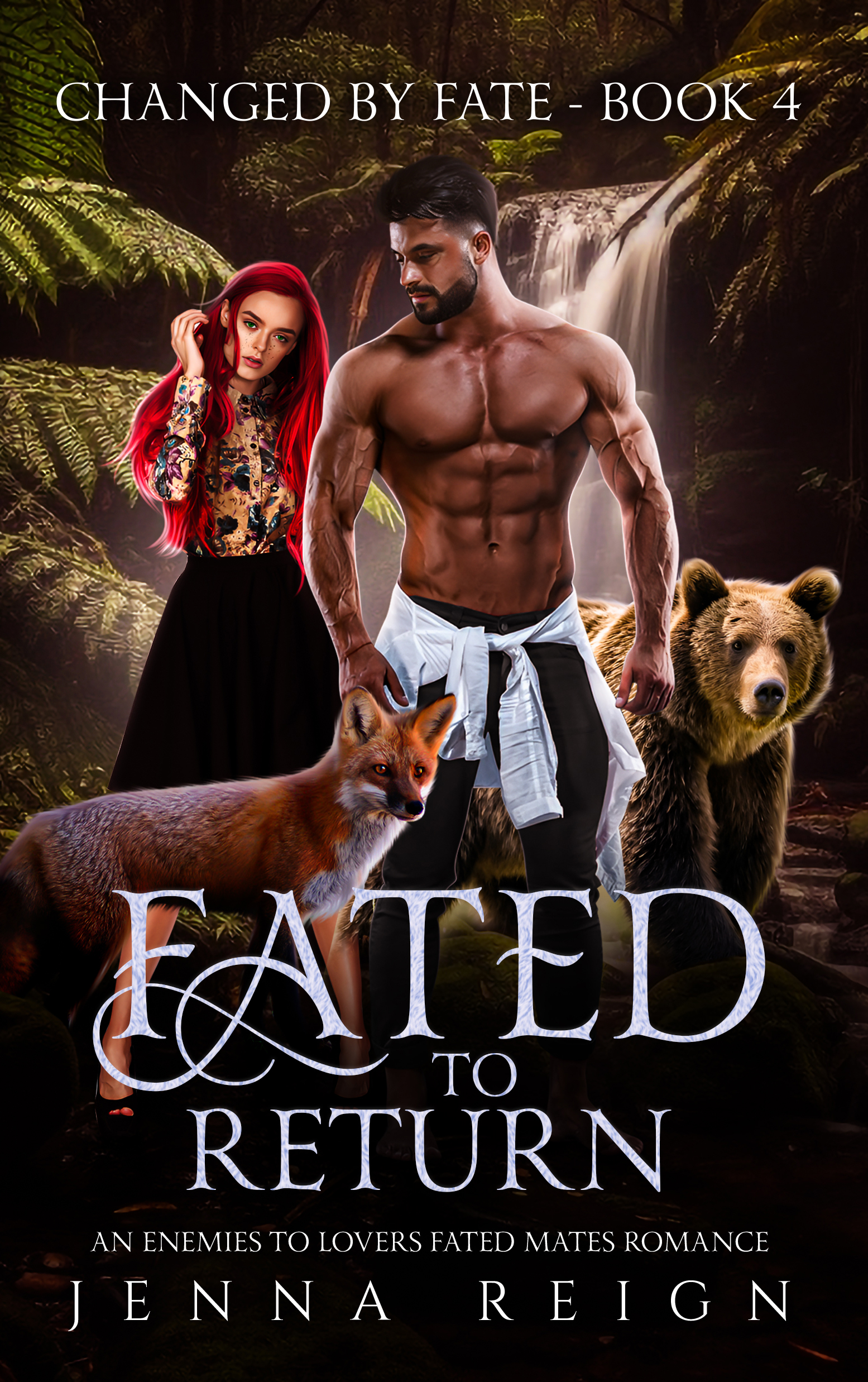 Fated to Return book cover featuring couple with fox and bear in forest