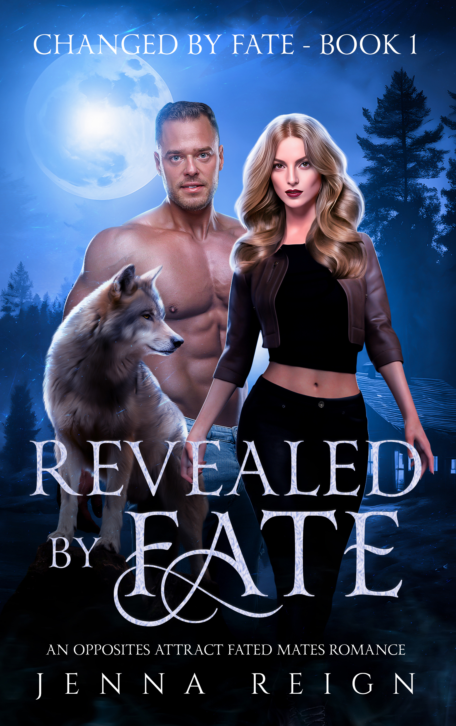 Revealed by Fate book cover with a man, woman, and wolf under a blue moon