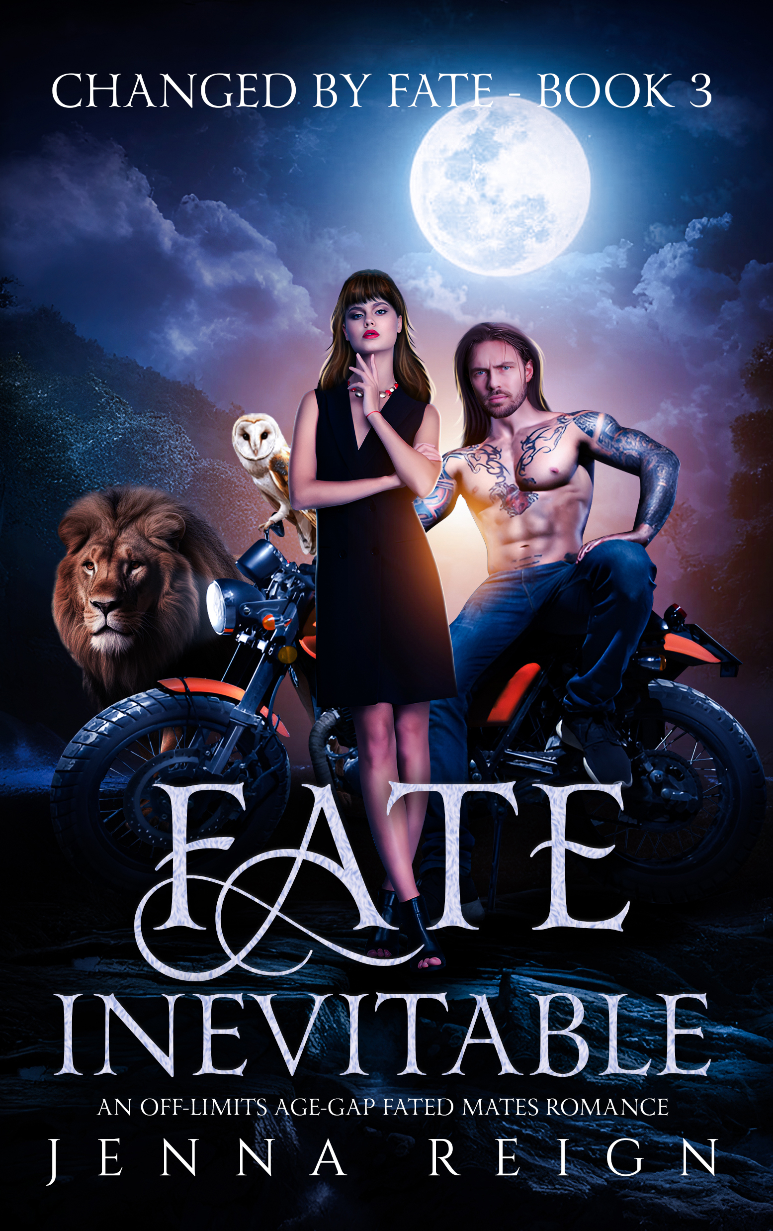 Book cover for 'Fate Inevitable', romance novel set in Campbell Falls with moonlit motorcycle scene