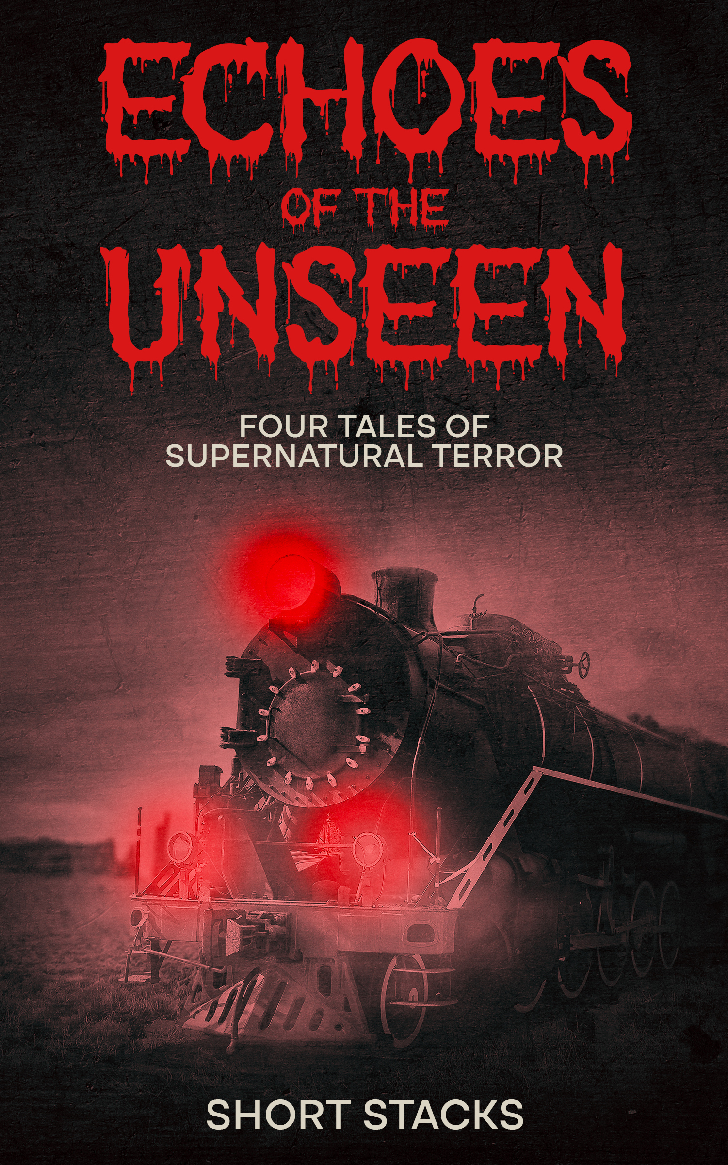 Decaying train with glowing red lights in eerie landscape, Echoes Of The Unseen theme