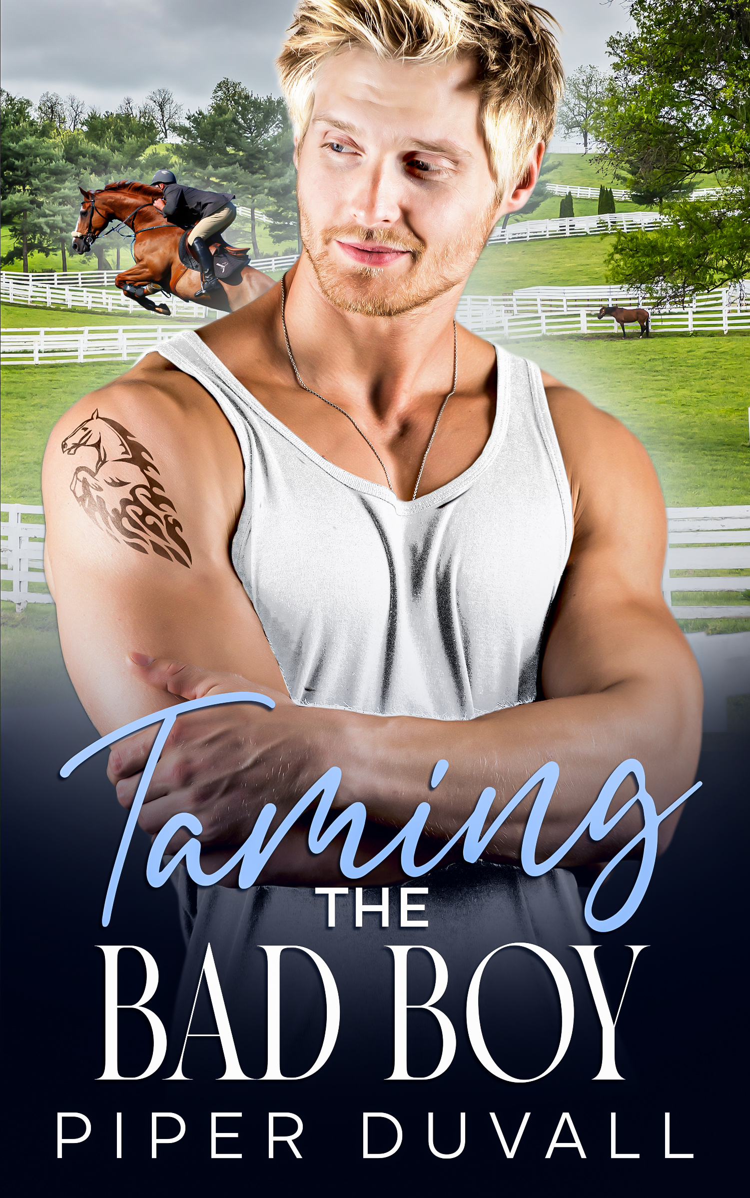 Man with tattoo in tank top, horse rider in background, 'Taming The Bad Boy' cover