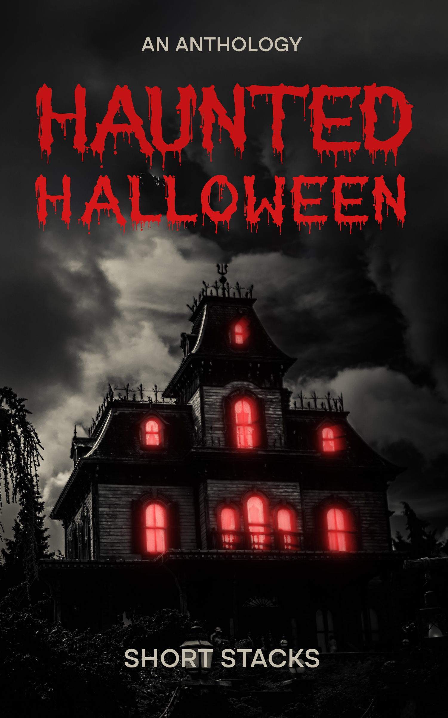 Spooky haunted house with glowing red windows under a dark sky