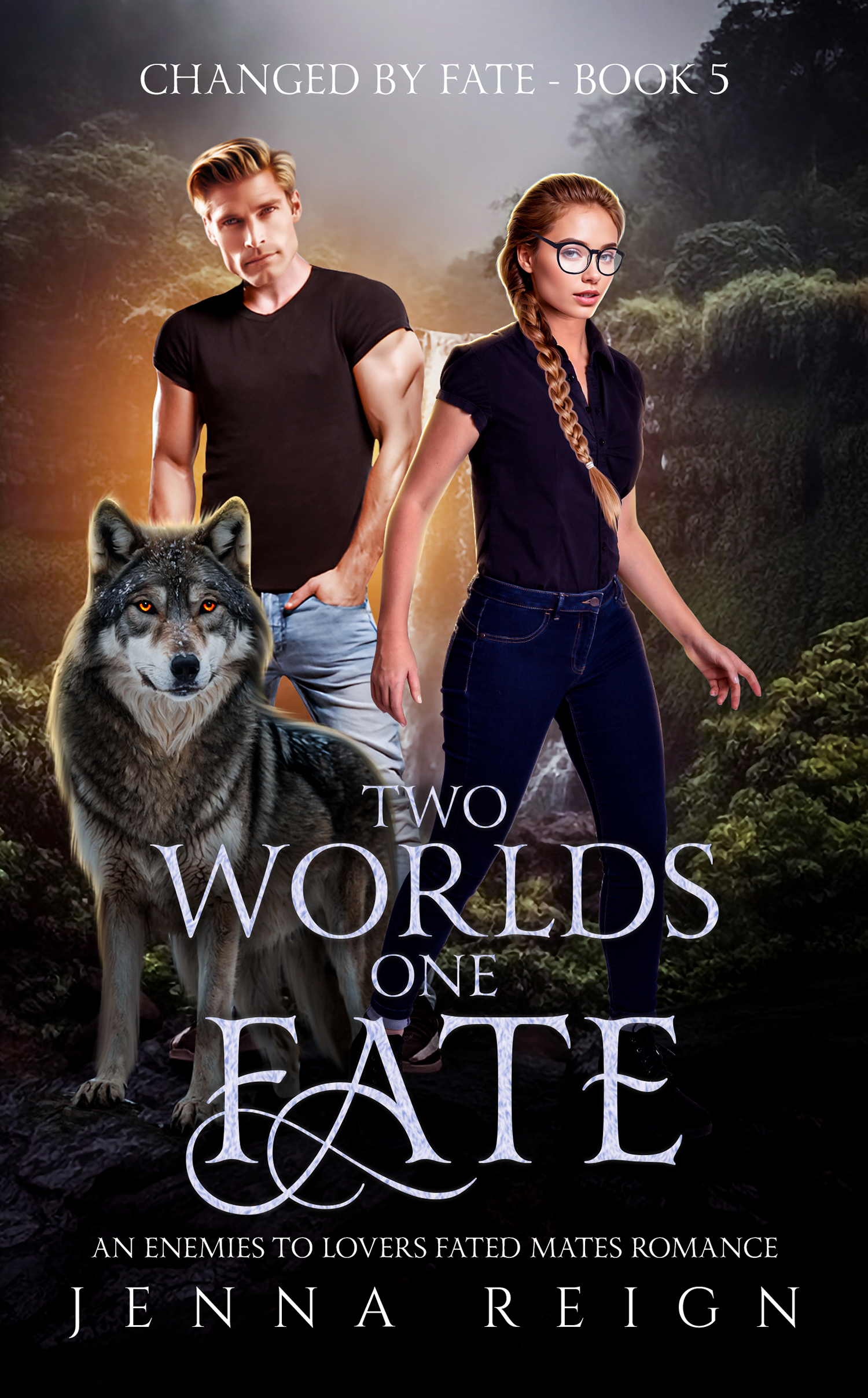 Changed By Fate Book 5 cover with a couple and a wolf in a mystical forest