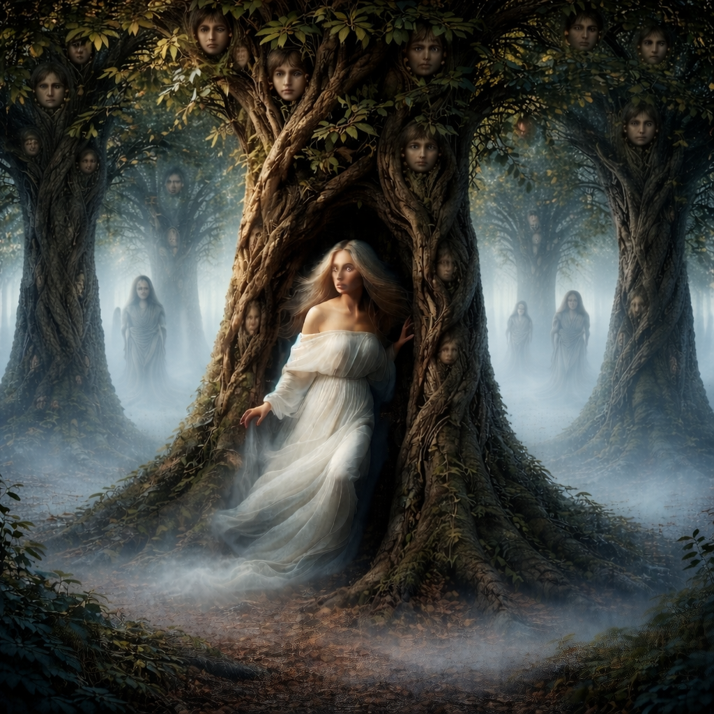 Mystical forest with ethereal woman and tree faces symbolizing whispering souls