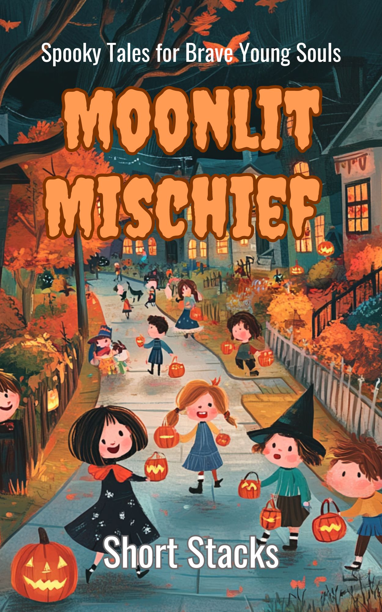 Children in Halloween costumes trick-or-treating on a moonlit street