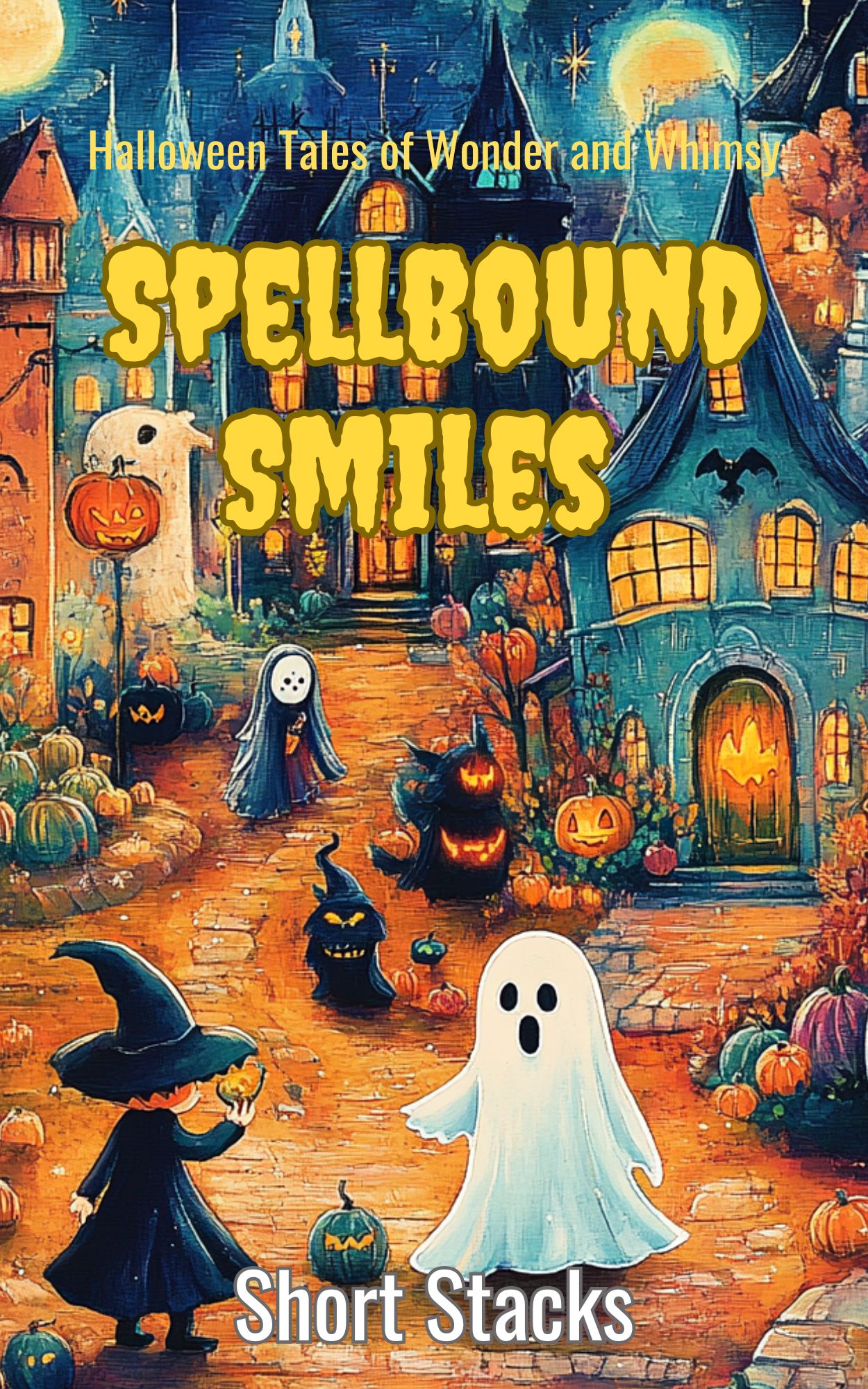 Halloween-themed illustration of a witch, ghost, and pumpkins in a whimsical village