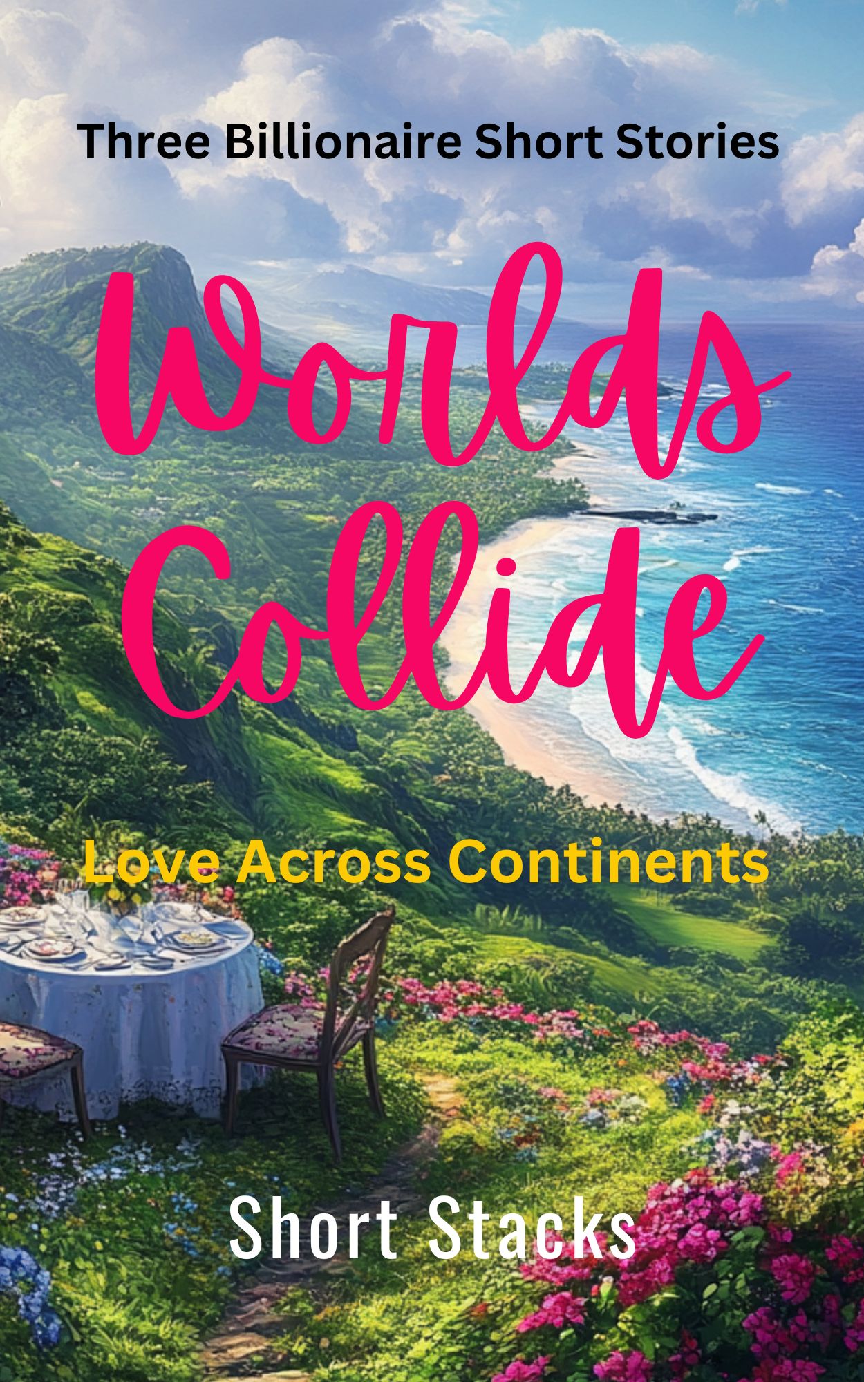 Worlds Collide cover with scenic coastal view and elegant outdoor dining