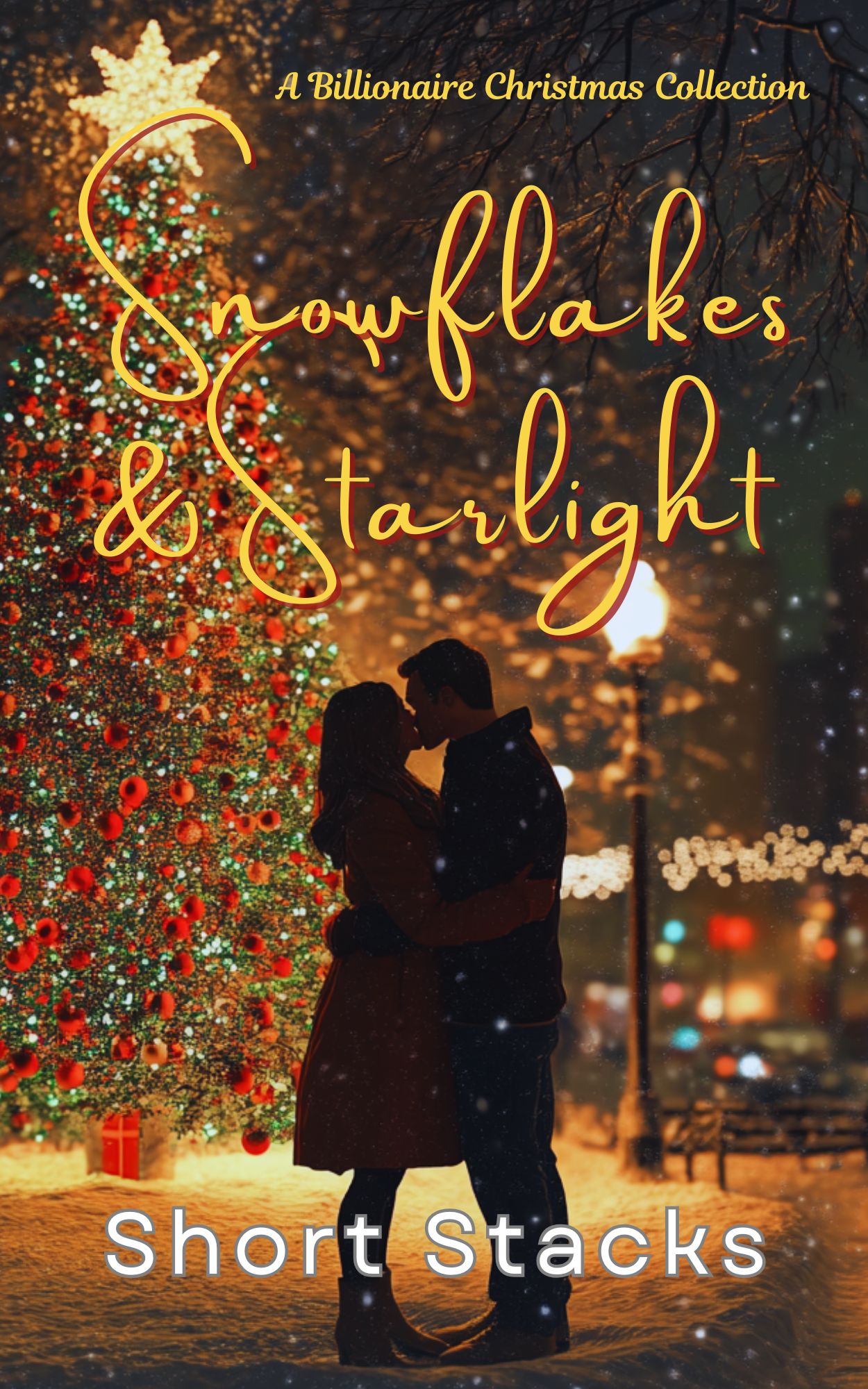 Couple embracing in front of a Christmas tree, titled Snowflakes & Starlight
