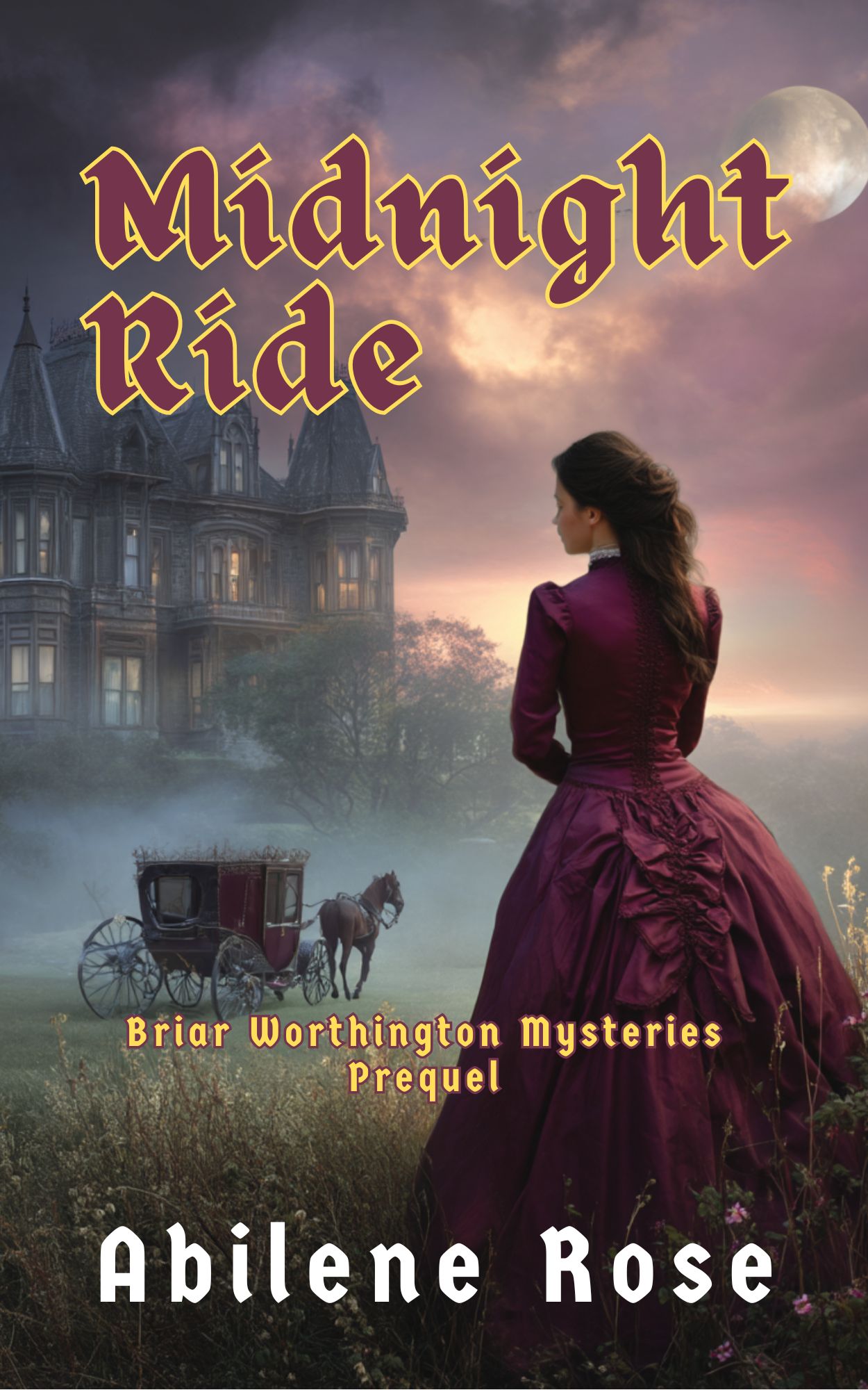 Briar Worthington Mysteries book cover showing a woman in a dress by a haunted house