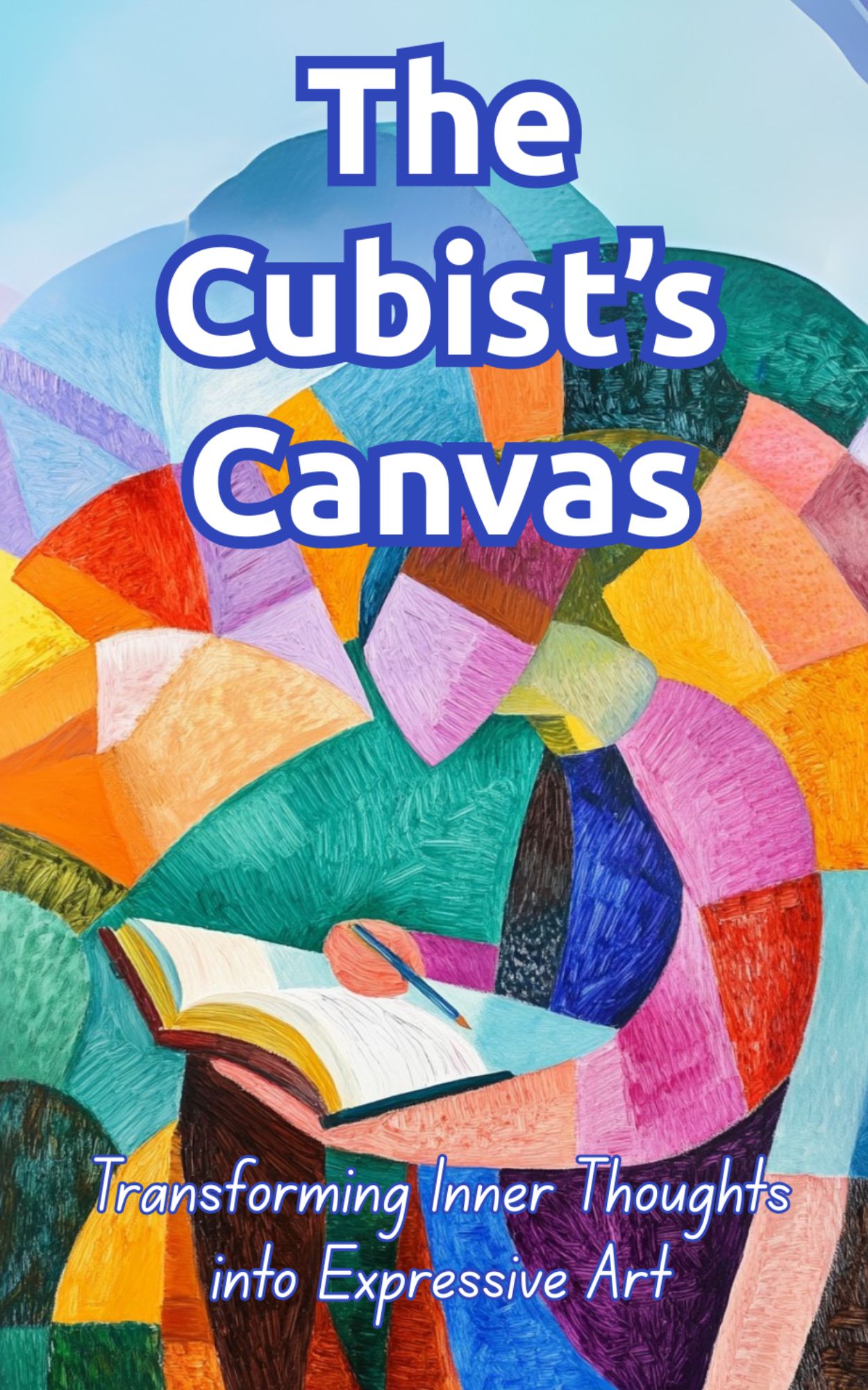 Cubist art book with colorful abstract shapes and open pages