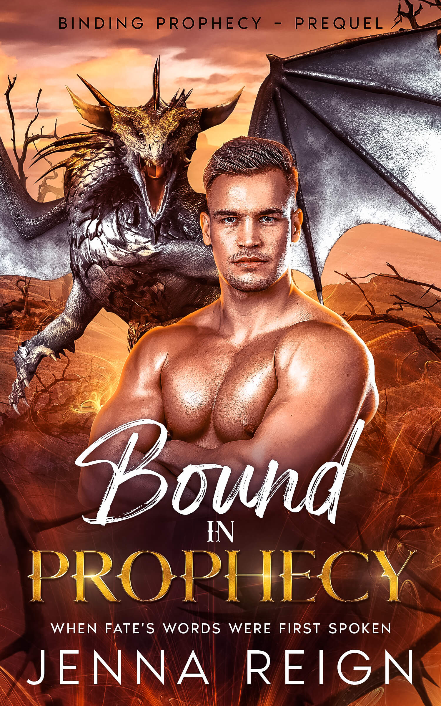 Book cover of 'Bound in Prophecy' featuring a muscular man and a dragon
