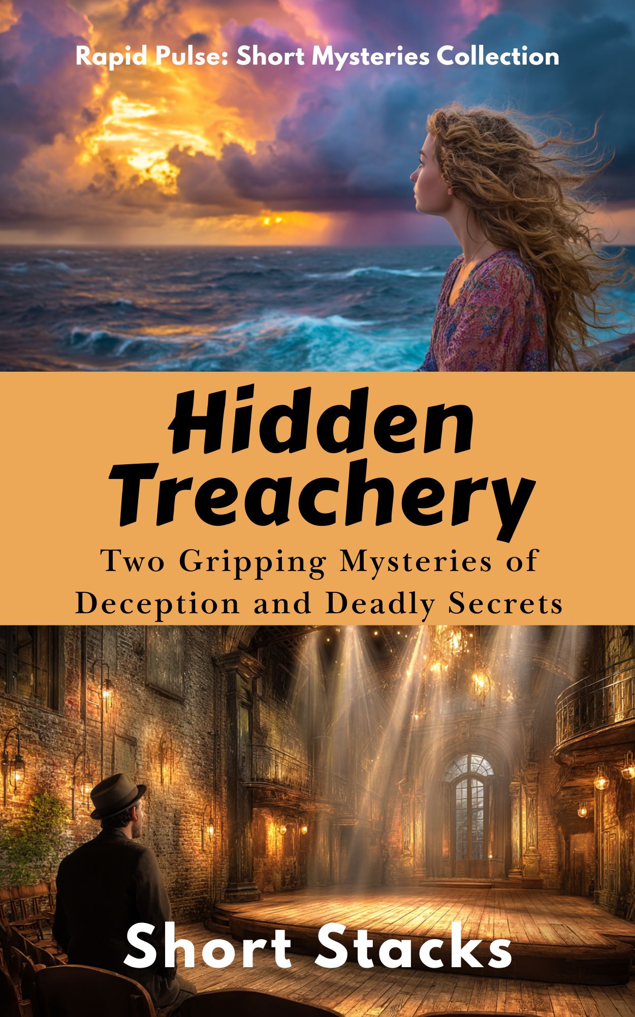 Hidden Treachery book cover with woman staring at sunset and mysterious man in grand hall