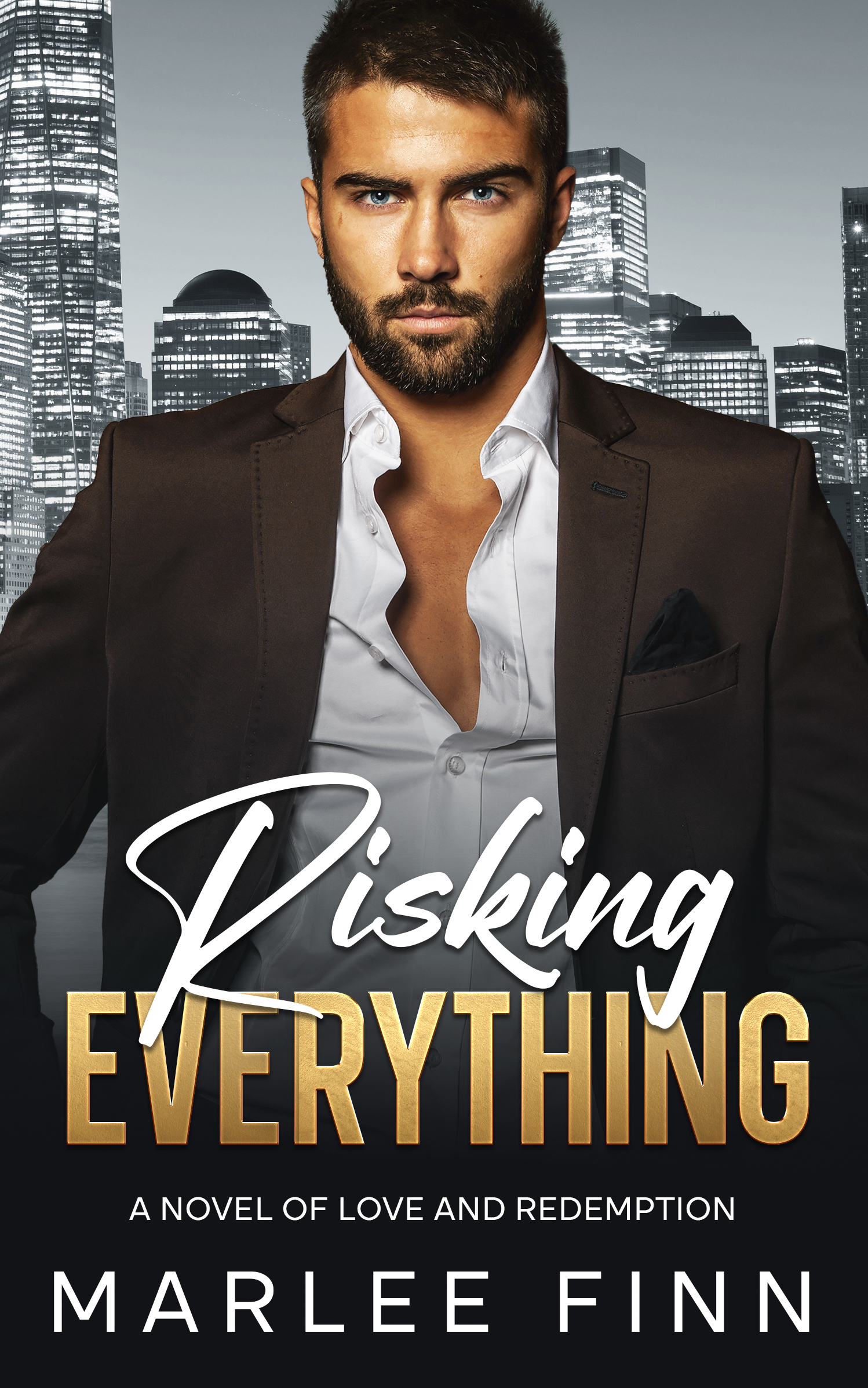 Urban romance book cover with a man in a suit against city skyline