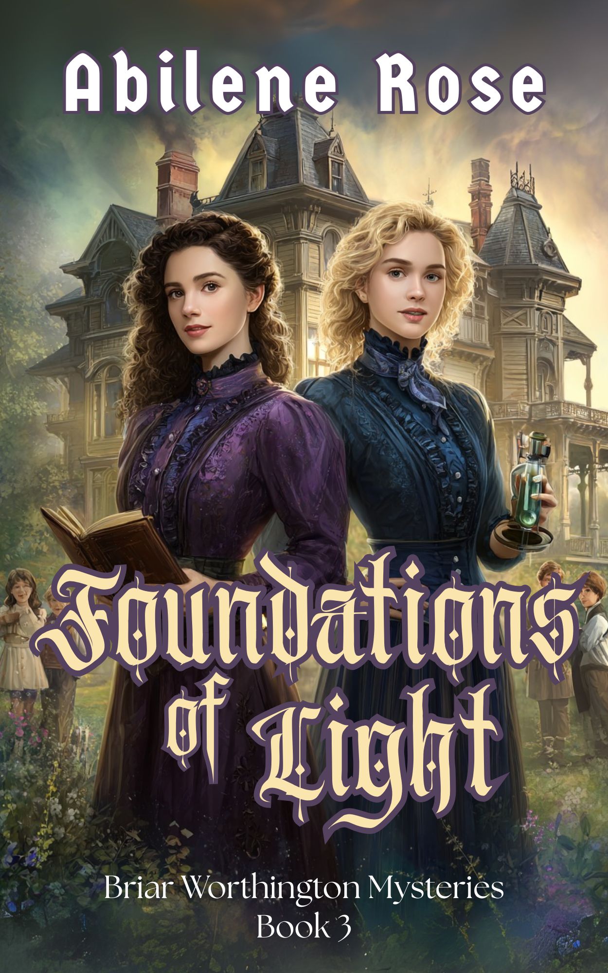 Cover of 'Foundations of Light', Briar Worthington Mysteries, featuring two women with a Victorian mansion