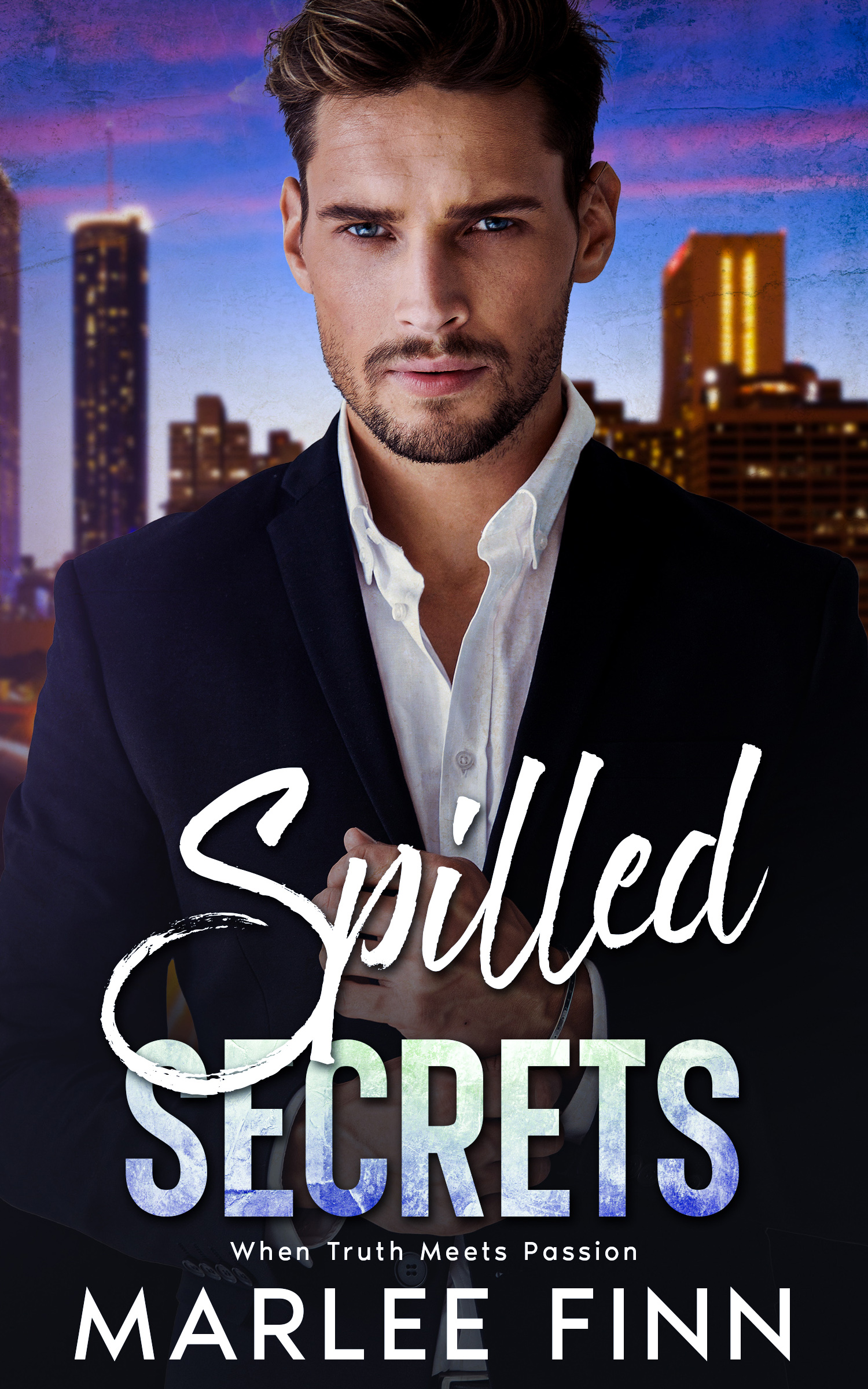 Book cover of 'Spilled Secrets' featuring a man in urban nightscape