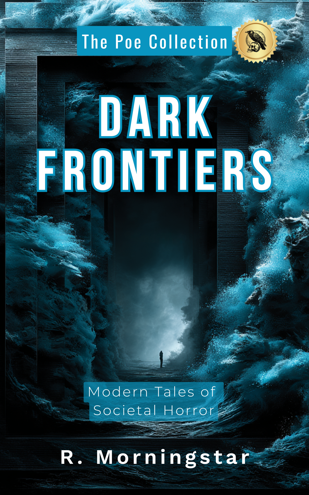 Dark Frontiers book cover featuring stormy dark clouds and mysterious figure