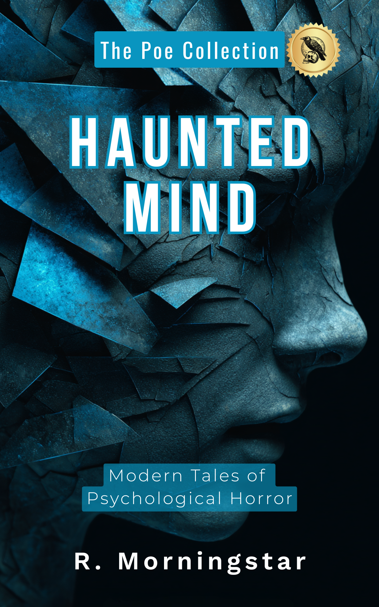 Haunted Mind book cover featuring abstract face with cracked blue texture