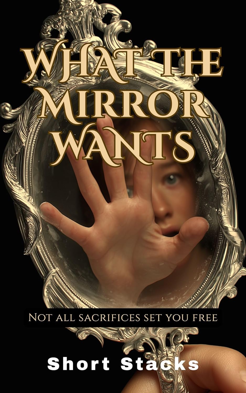 Person reaching through an ornate mirror with a mysterious expression