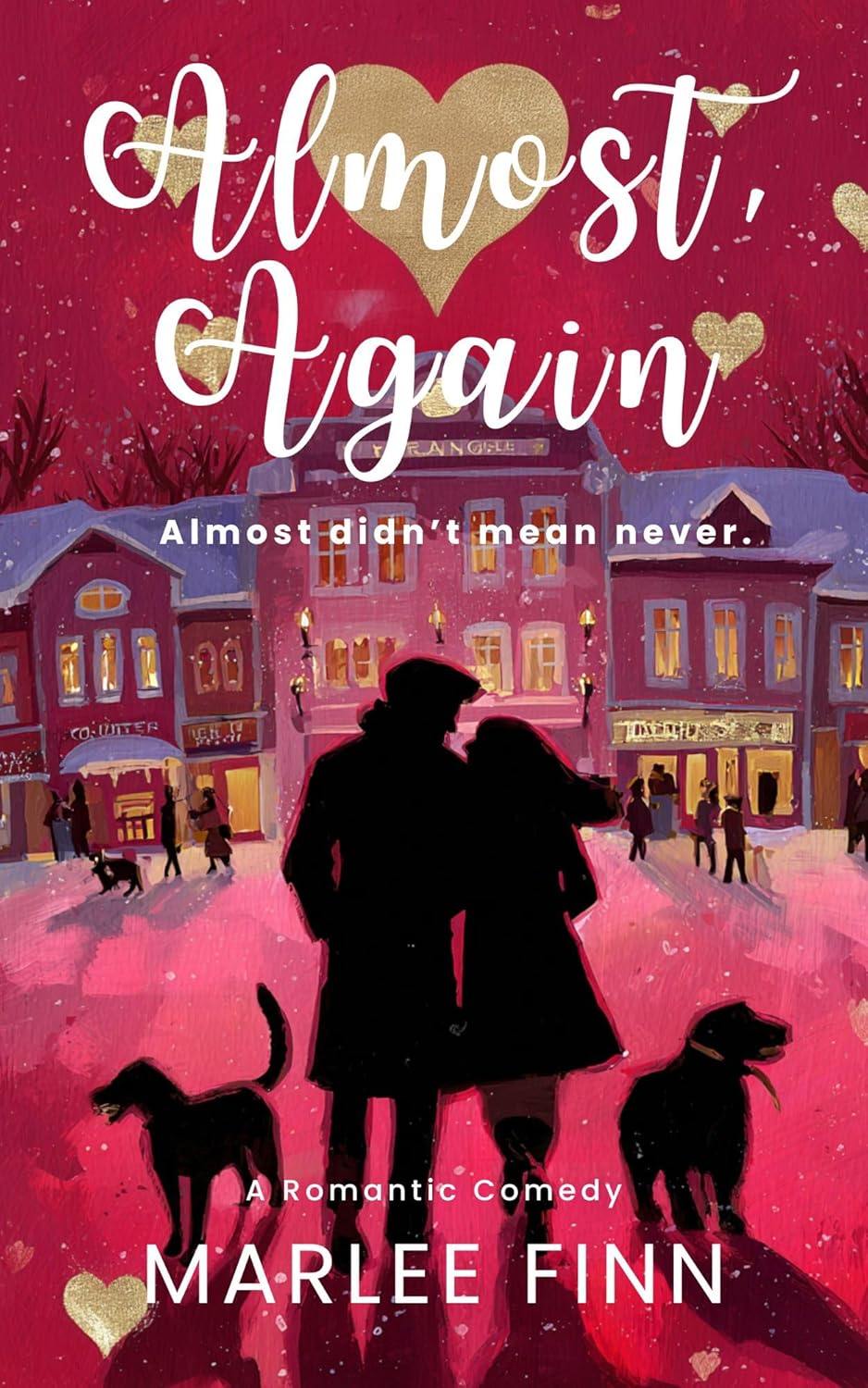 Almost, Again book cover featuring a romantic couple with dogs in a snowy town at night