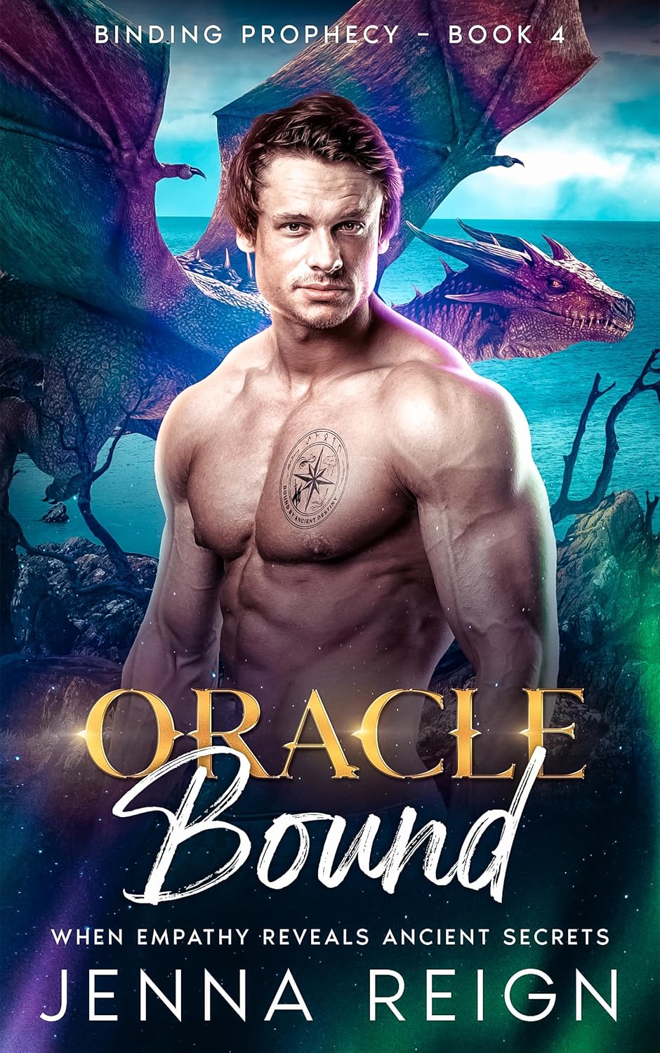 Oracle Bound book cover featuring a muscular man with dragons and fantasy elements