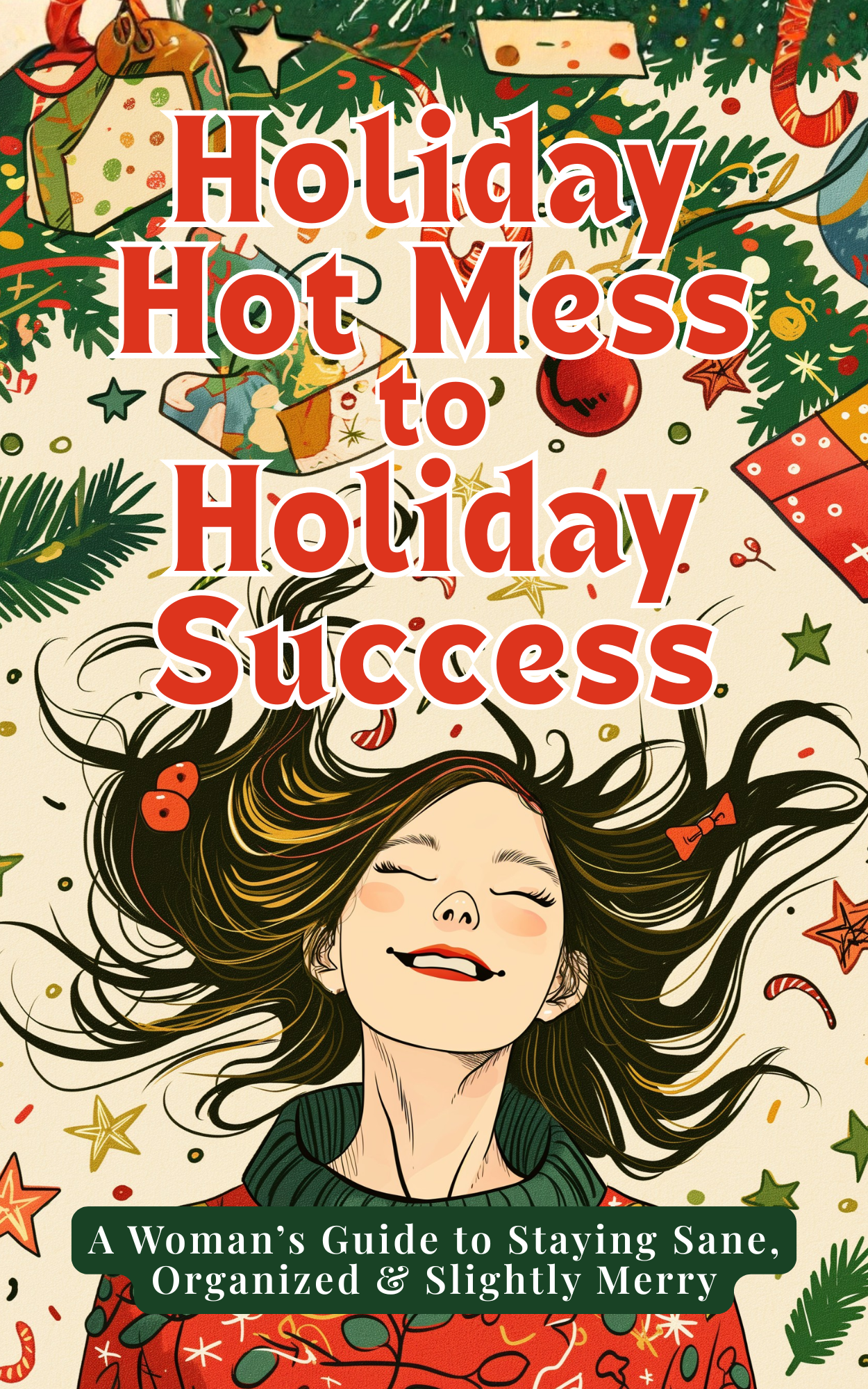 Woman joyfully surrounded by colorful holiday decorations, embodying festive success