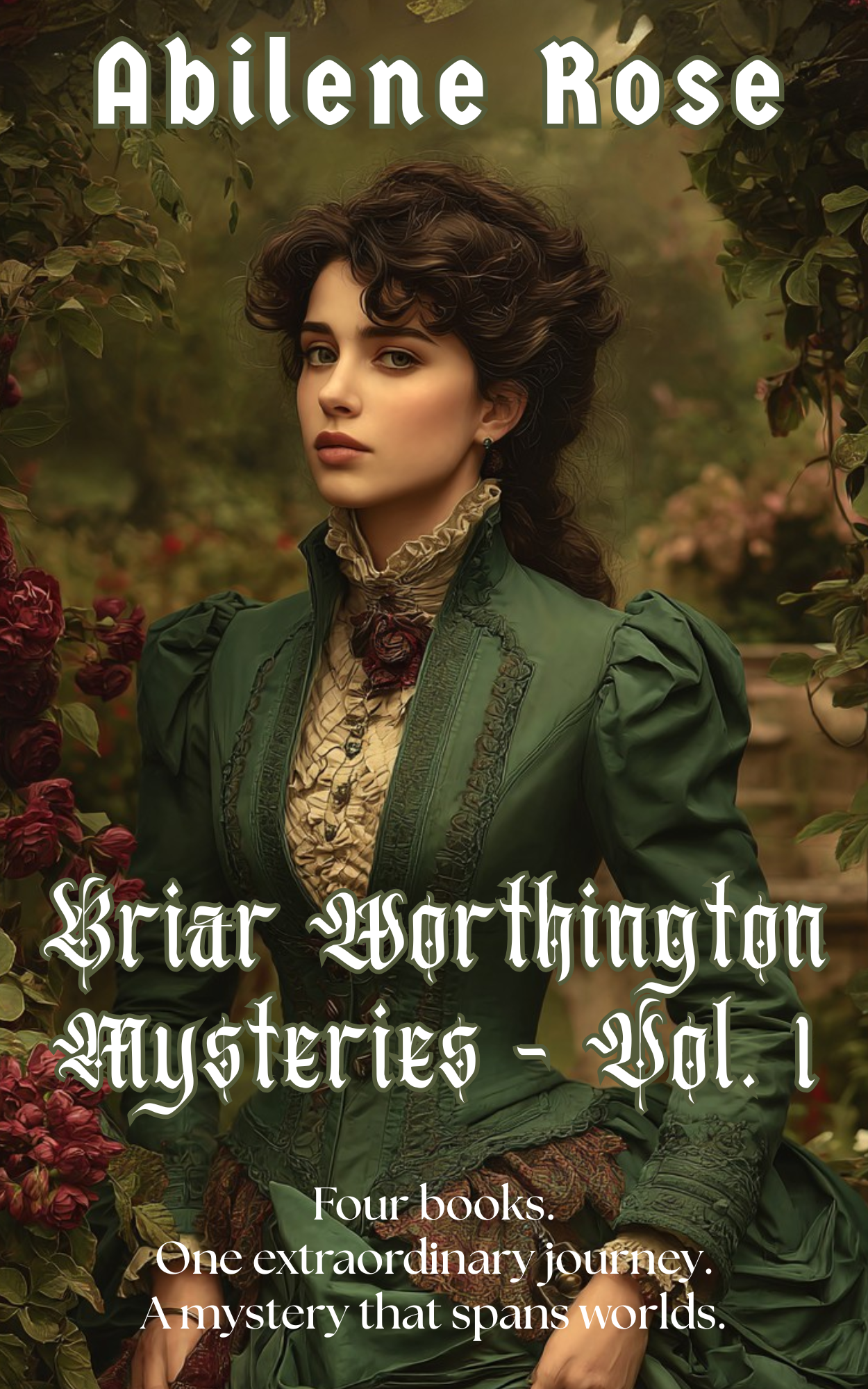 Victorian woman in green dress, Briar Worthington Mysteries book cover