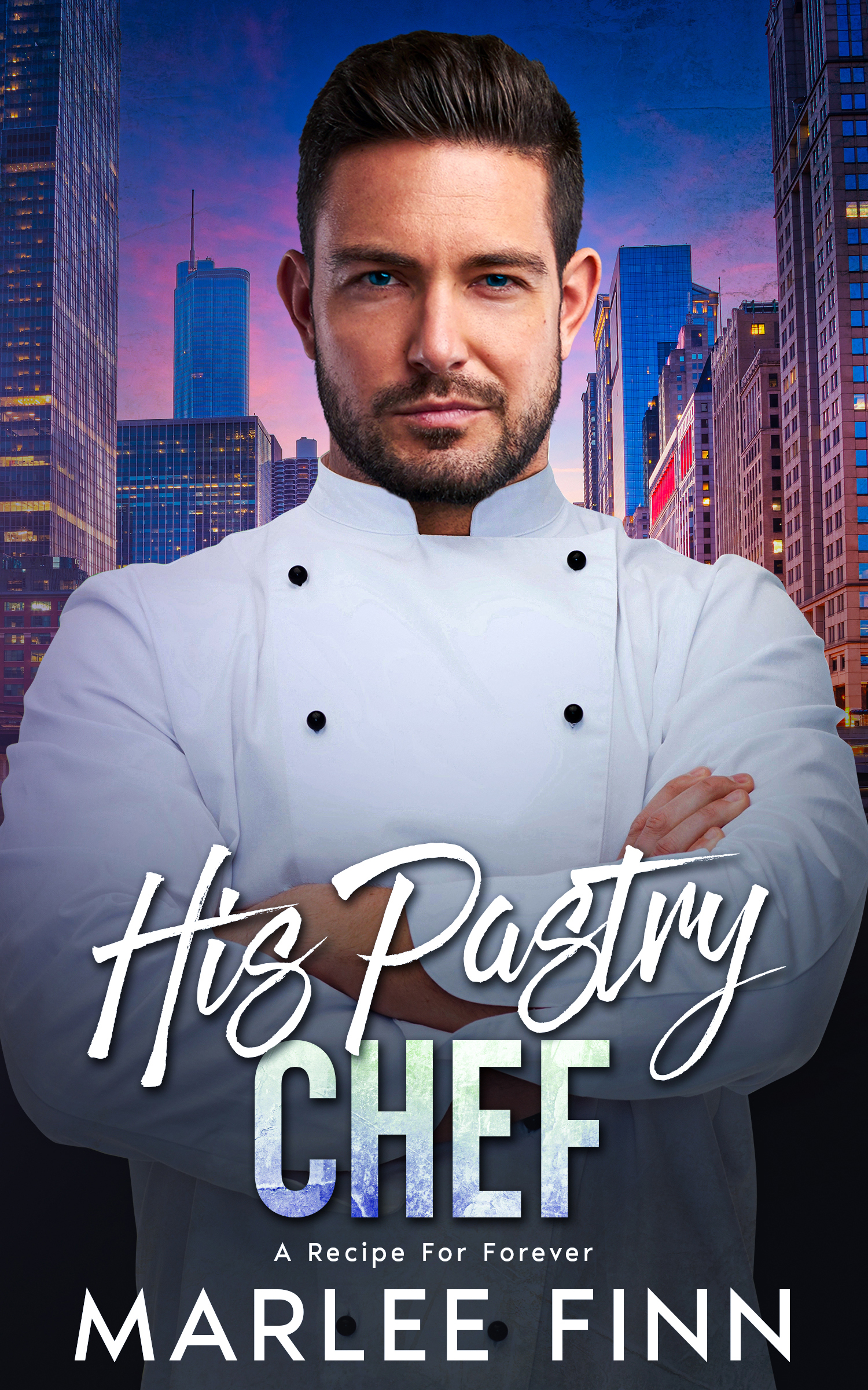 Chef in white uniform with cityscape background on book cover