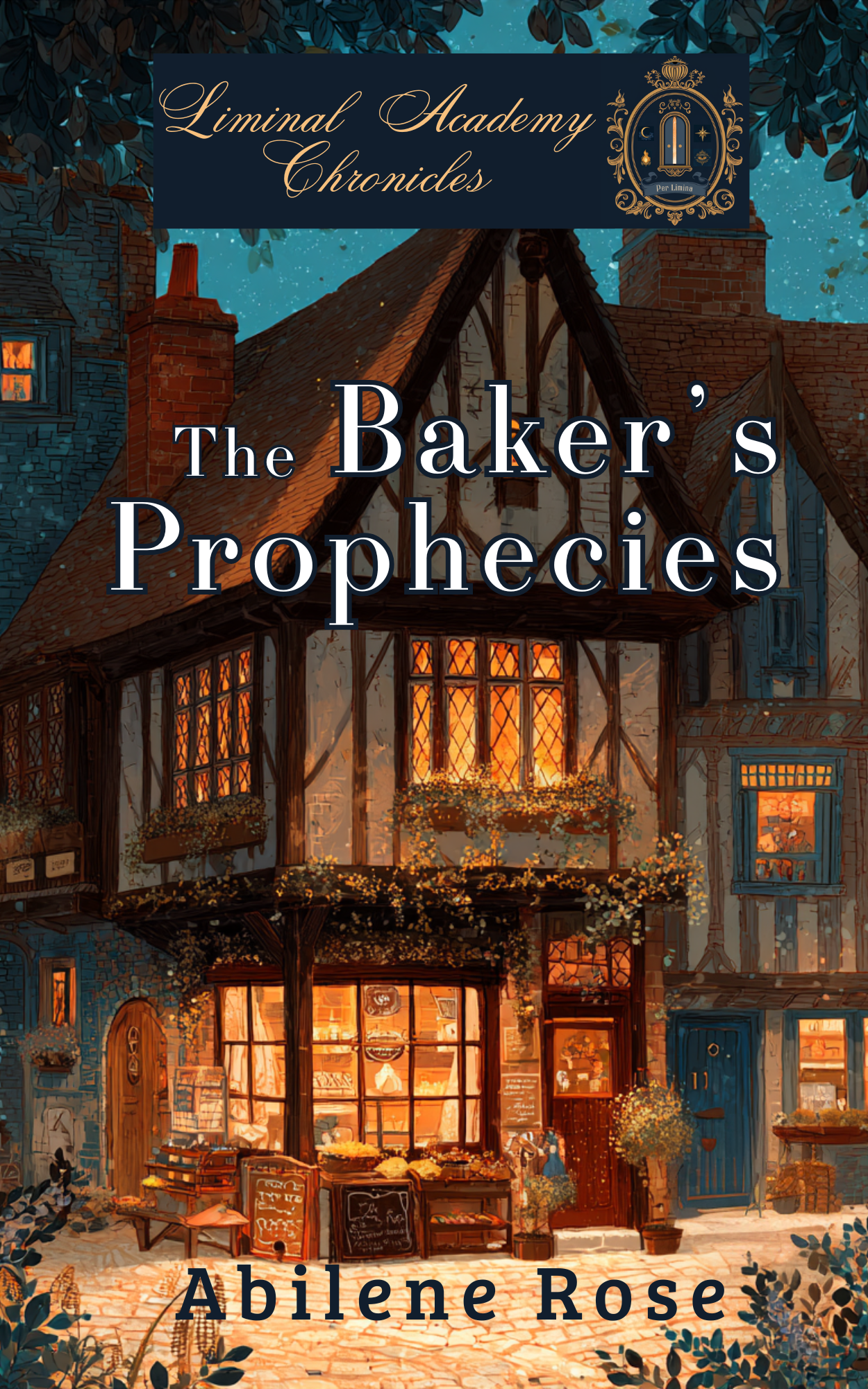 Cover of 'The Baker's Prophecies' from Liminal Academy Chronicles showing a quaint bakery