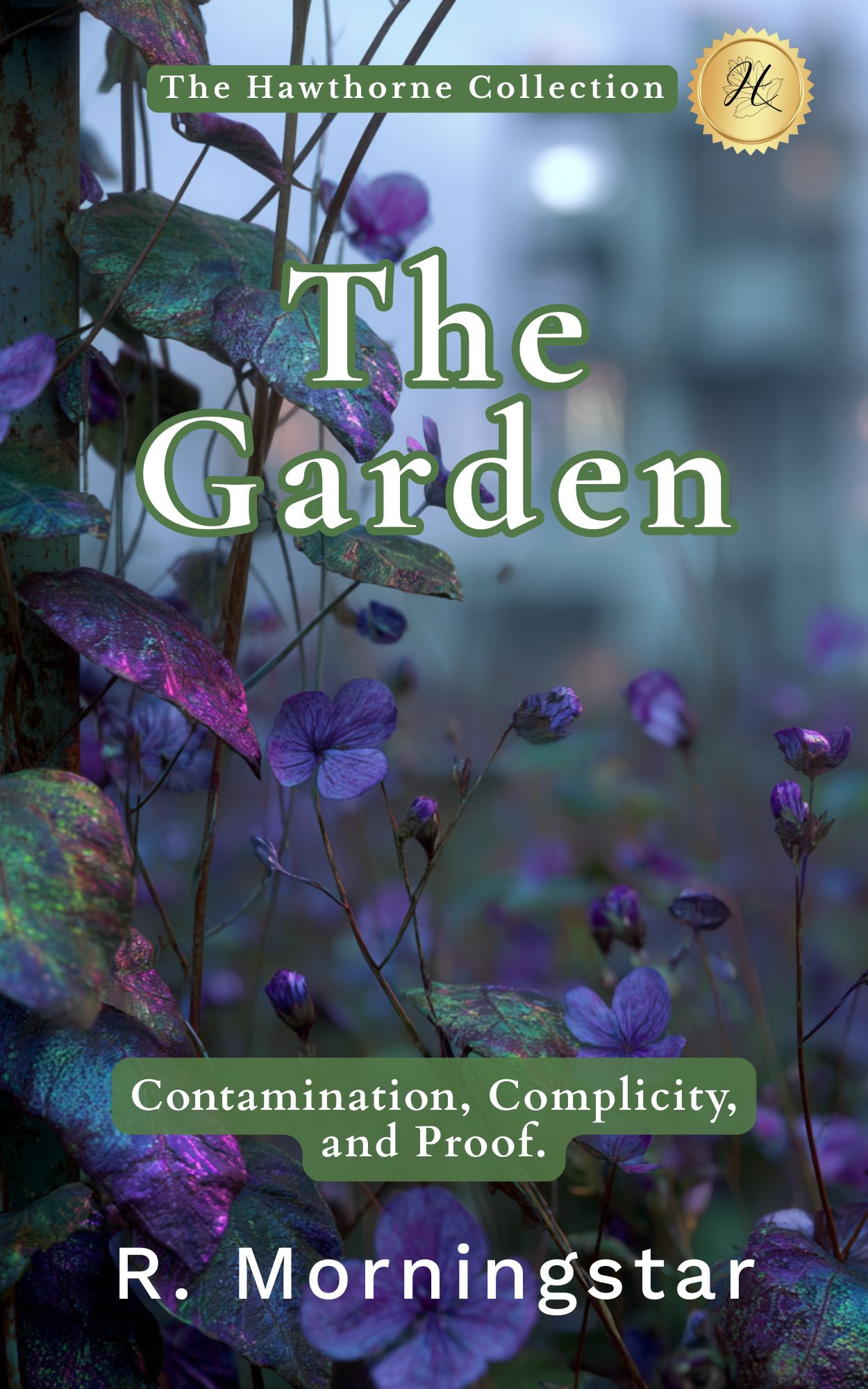 Book cover with purple flowers titled 'The Garden' by R. Morningstar