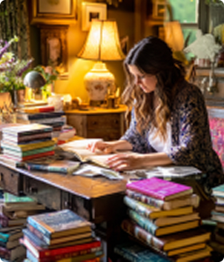 Young woman writing surrounded by books in cozy room with warm lighting