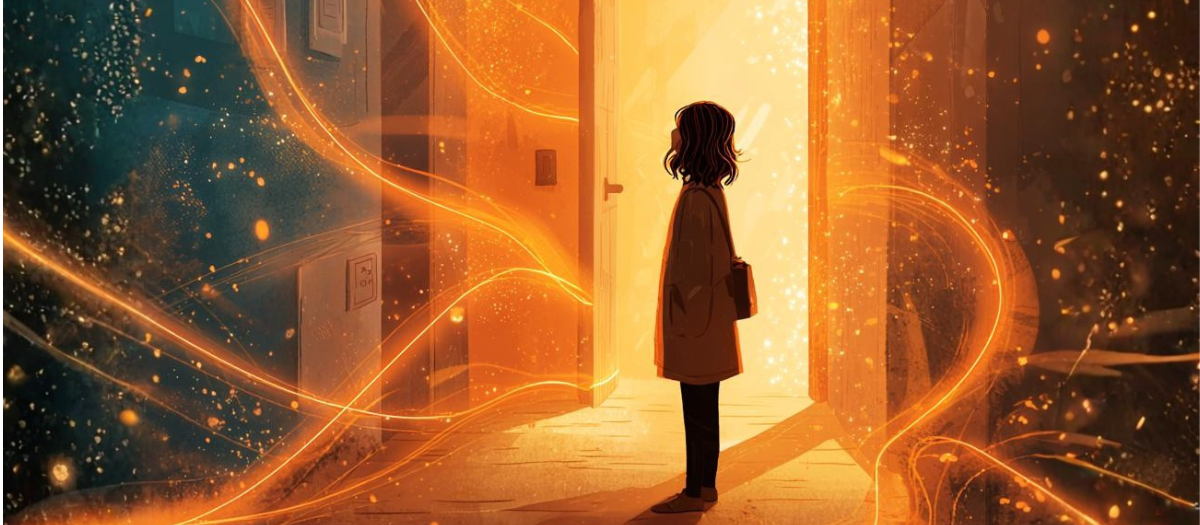 Interview with the publisher: a silhouette stands before a glowing open door, symbolizing new opportunities