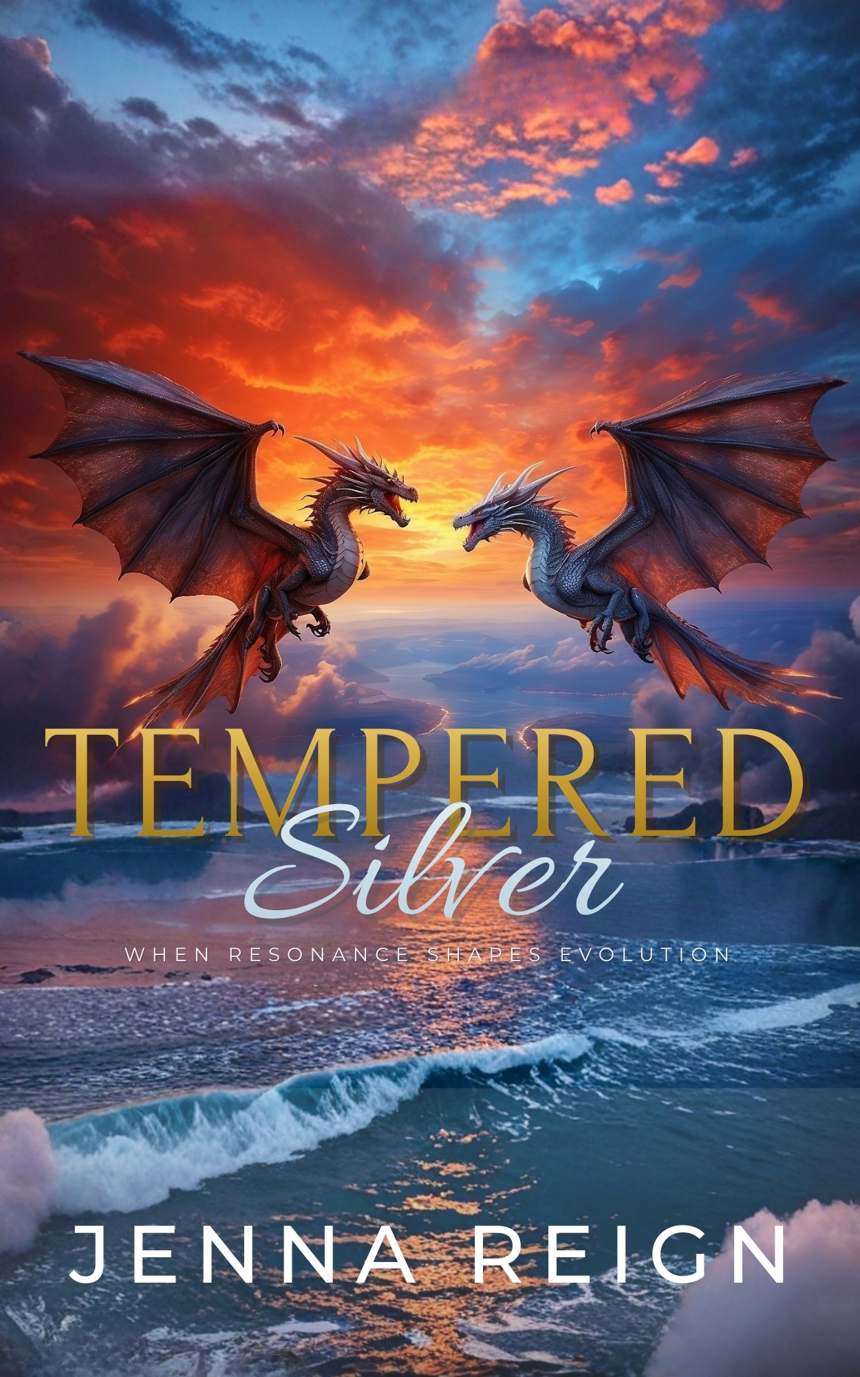 Tempered Silver book cover with two dragons and ocean sunset