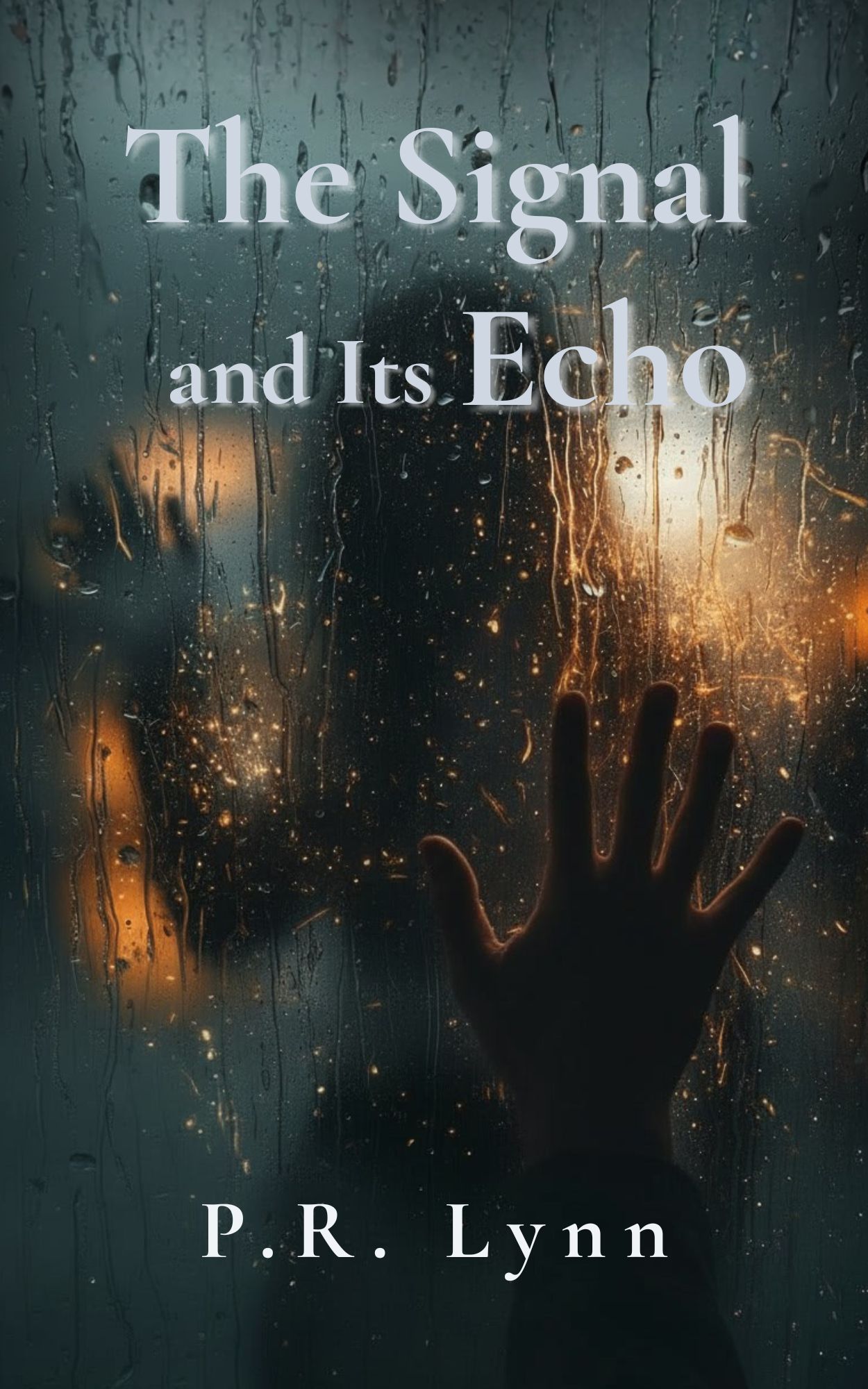 Mysterious silhouette with hand pressed against rainy glass, titled The Signal and Its Echo