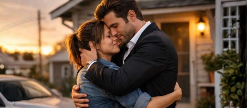Romantic couple embracing at sunset in a suburban neighborhood