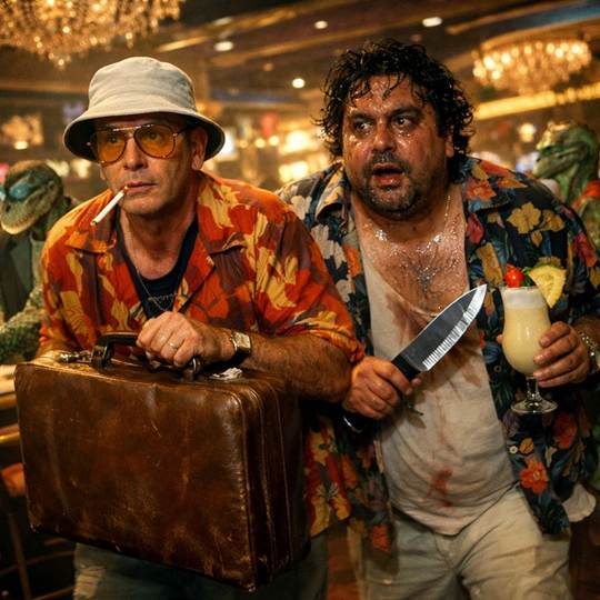 Hunter S Thompson holding a suitcase and a companion with a tropical drink and a knife