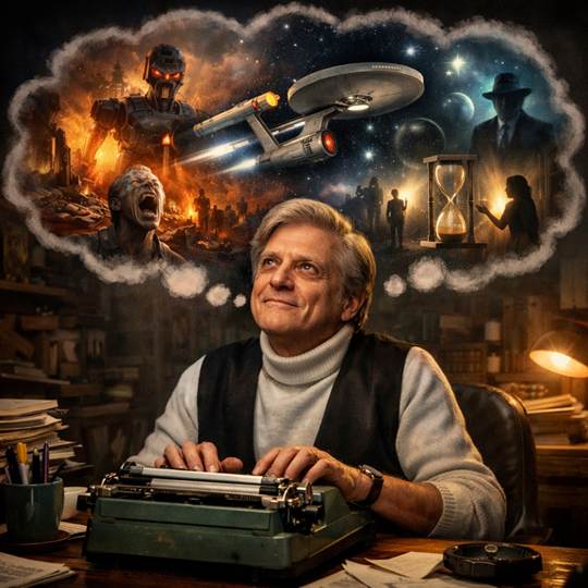 Harlan Ellison dreaming of science fiction worlds, including robots and spaceships