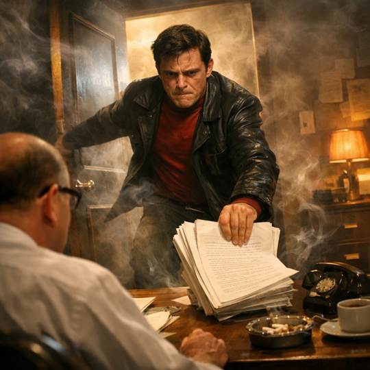 Harlan Ellison dropping a story on huis editor's desk in a smoky office