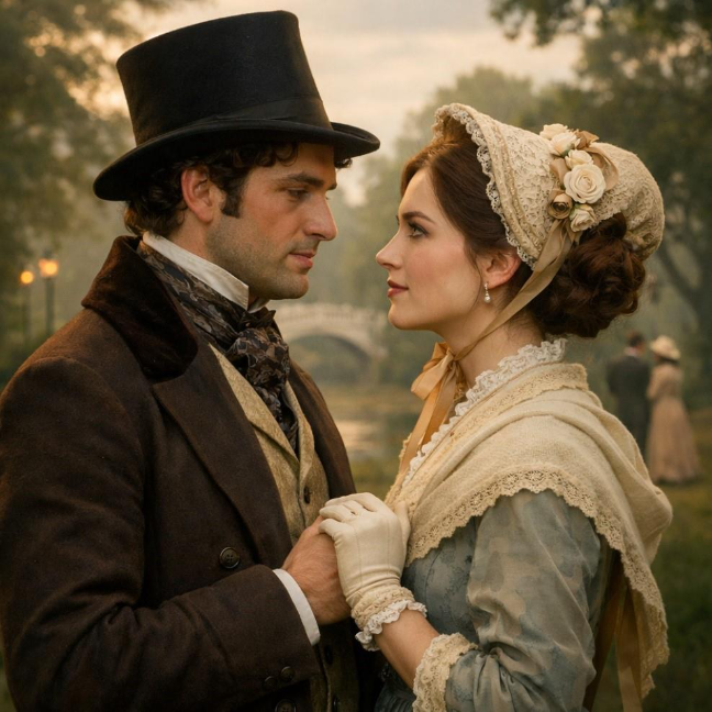 Victorian couple embracing love, life, and escapism in romantic setting