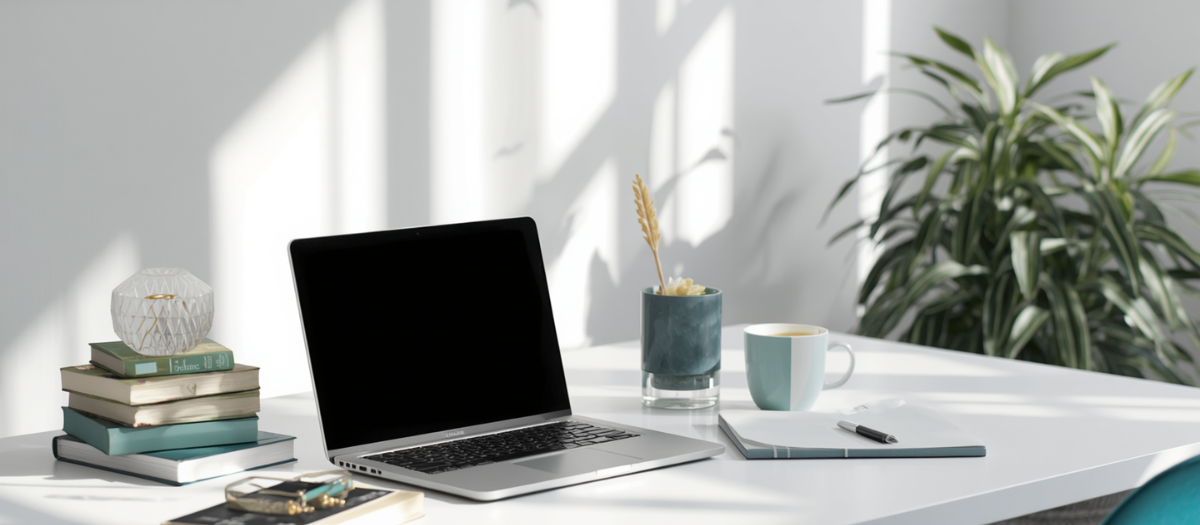 Independent Publisher’s Workspace Workspace of an independent publisher with laptop and books