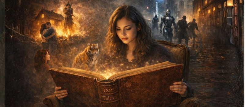 Book of Tales Woman reading a magical book, surrounded by mystical scenes and figures at night