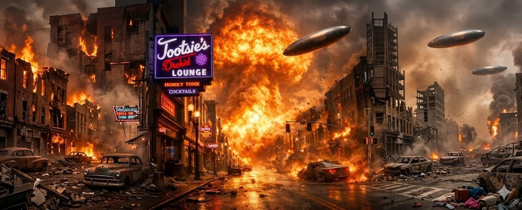 Dramatic scene with fire and destruction in city, short story titled Makin' It To Broadway