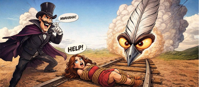 cartoon image of a villain with a girl tied to the train tracks, the train is a quill pen bearing down on them