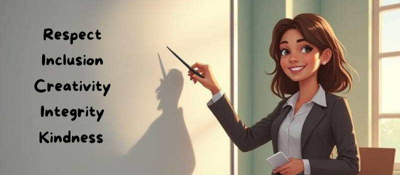 Professional woman presenting values: Respect, Inclusion, Creativity, Integrity, Kindness