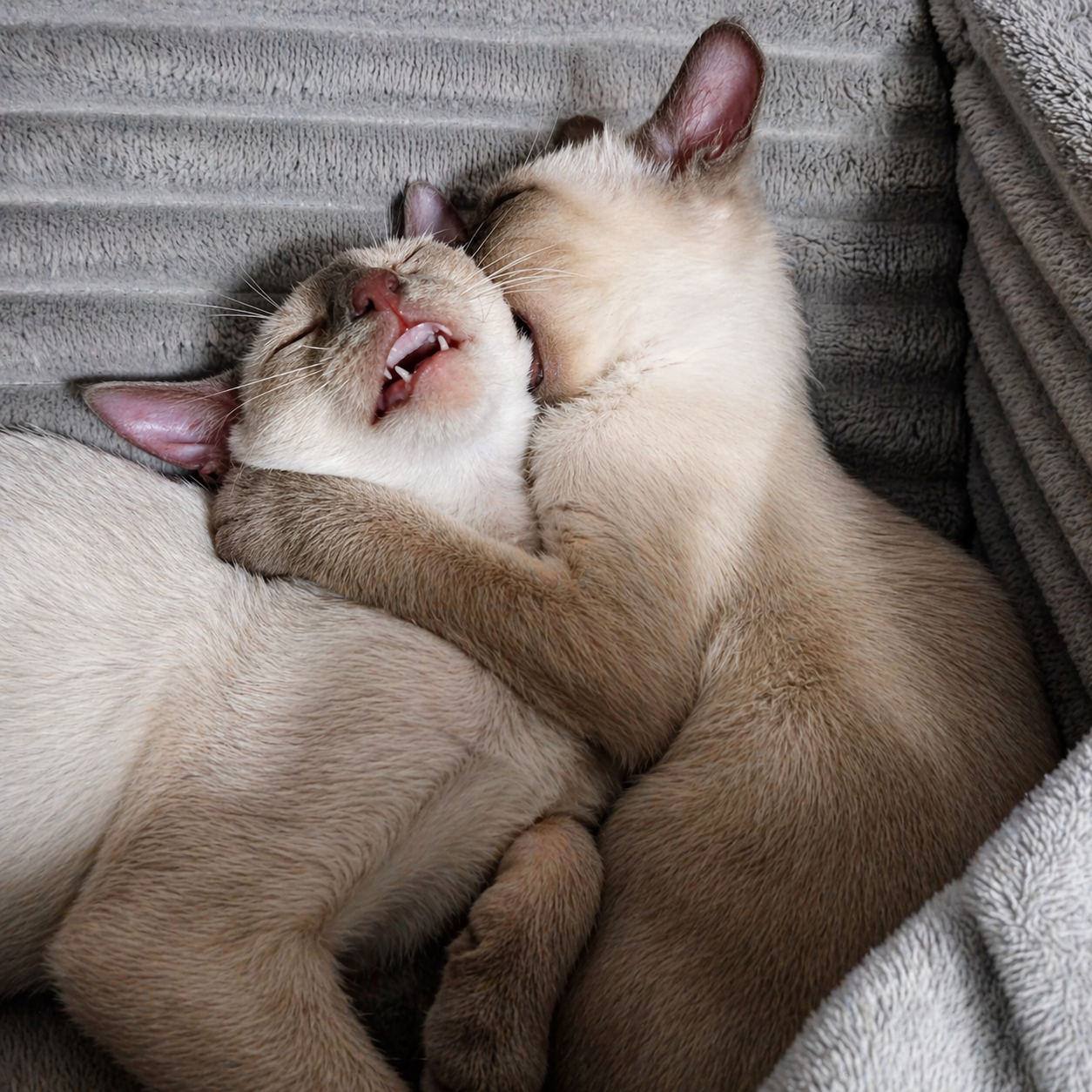 Two Siamese cats cuddling playfully on a gray blanket