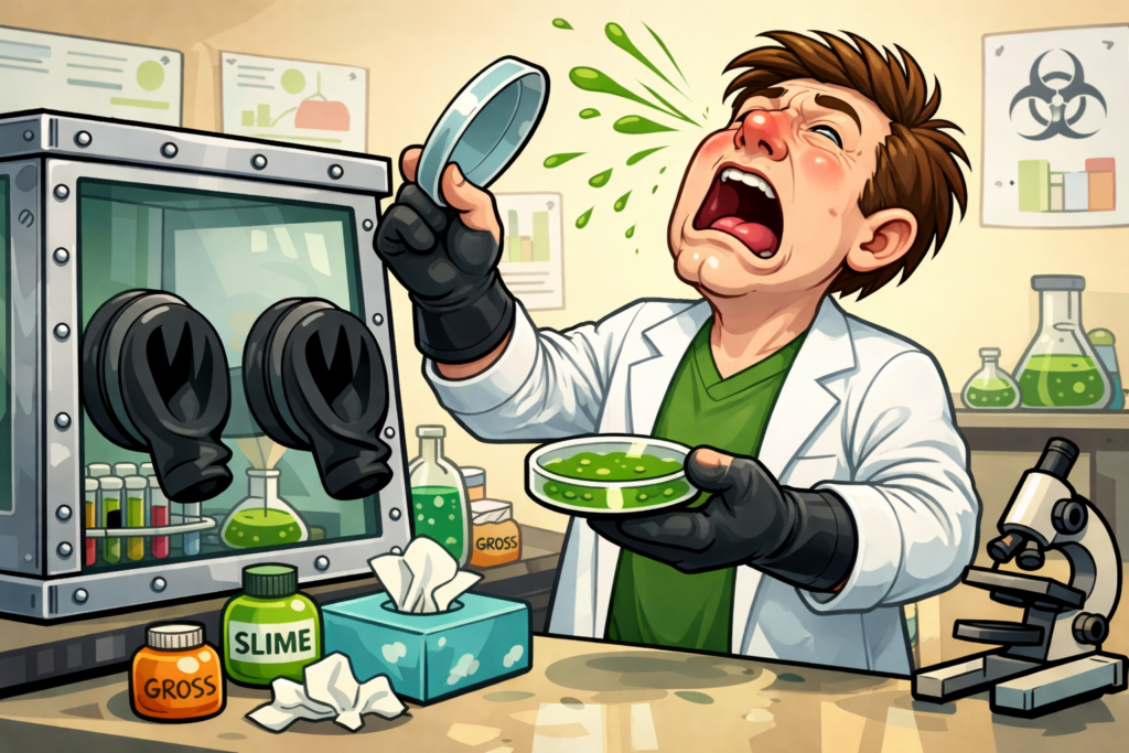 Cartoon scientist sneezing while handling dangerous chemicals in lab