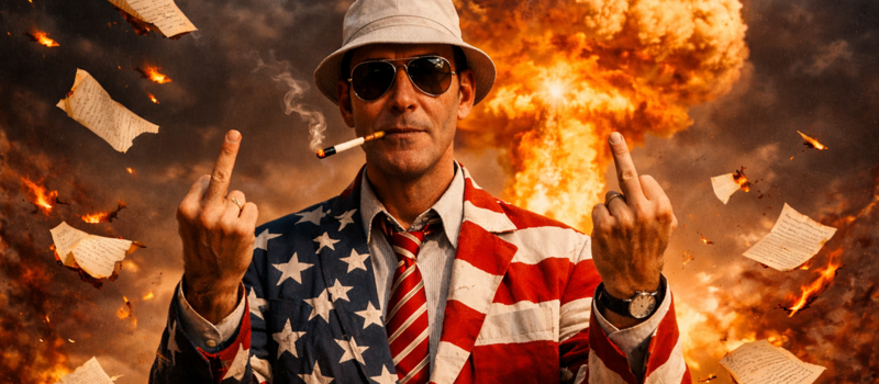 Hunter S Thompson in American flag suit with explosive background