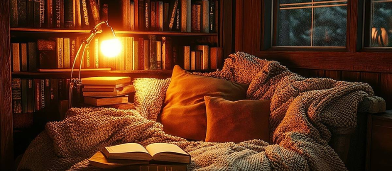 Cozy reading nook with lamp, books, and knit blankets