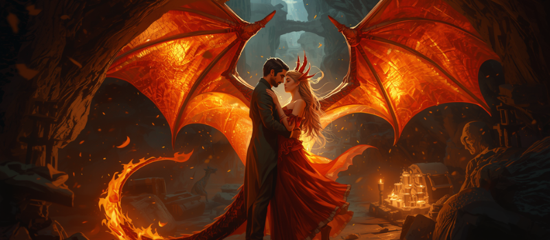Fantasy couple embracing in a cave with glowing dragon wings