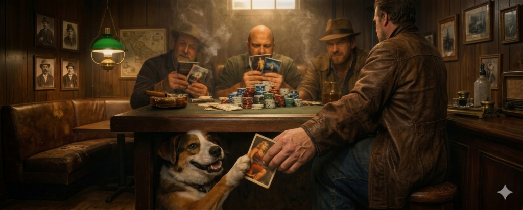 Poker game with men and dog holding book covers as cards in a dimly lit room